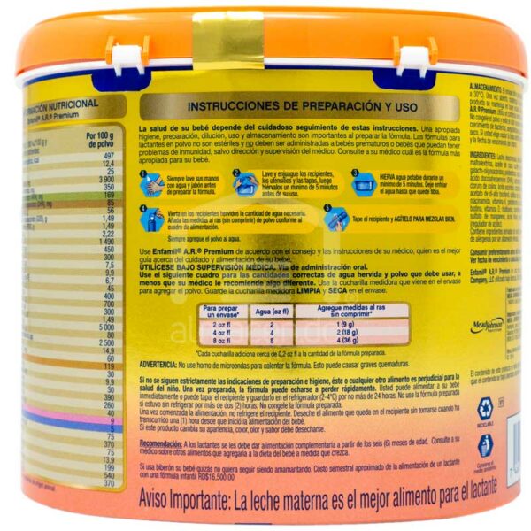 Enfamil-A.R.-Premium-Fo%CC%81rmula-Infantil-La%CC%81ctea-en-Polvo-_609-g_-_De-0-a-12-meses-de-edad_-Back Enfamil Premium Neuro Pro A.R. Fórmula Infantil Láctea en Polvo, 553 g