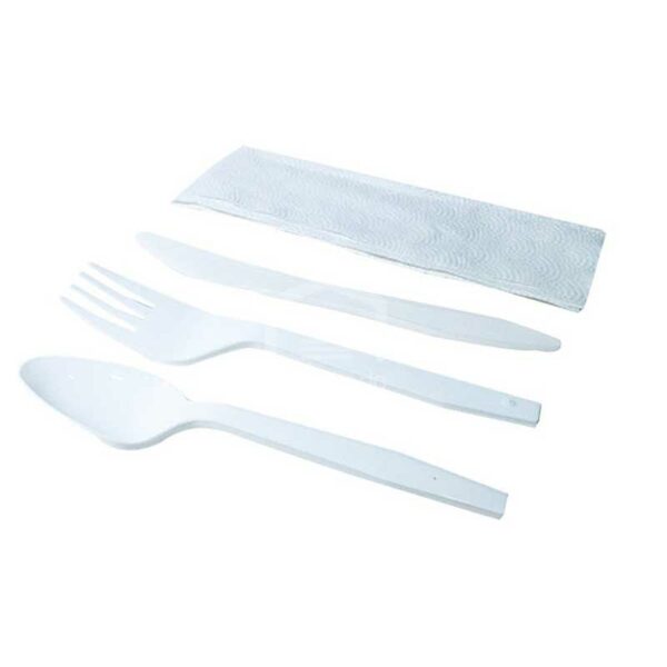 Plásticombo No. 3 Blanco Tenedor + Cuchara + Cuchillo + Servilleta 100 uds