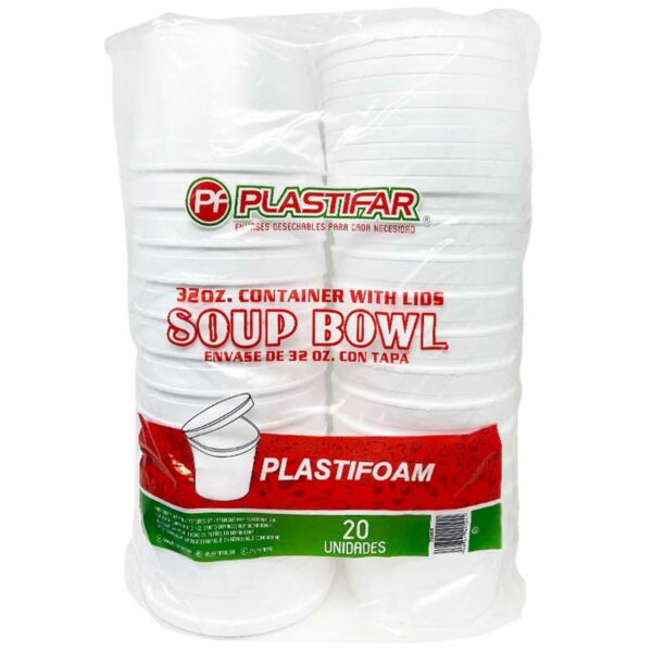 Soup Bowl Foam con Tapa Plastifar, 32 oz (20 uds)