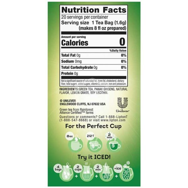 Té Lipton Green Tea Limón y Ginseng, 20 uds