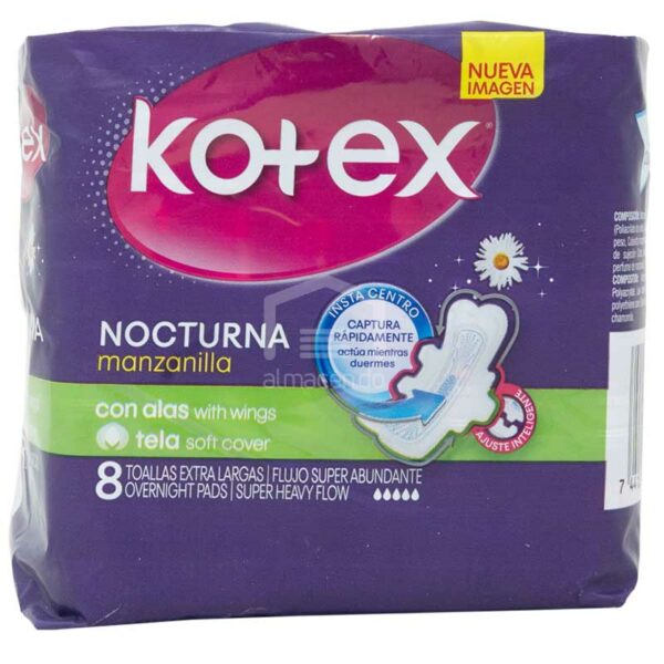 Toallas Femeninas Kotex Nocturna Overnight Con Manzanilla (8 uds)