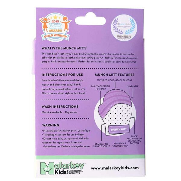 Rascador de Encías de Silicona con Bolsa de Viaje Malarkey Kids Munch Mitt Color Morado
