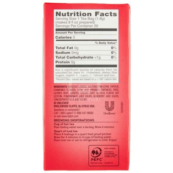 Té Lipton de Hierbas de Hibisco y Bayas, 20 uds