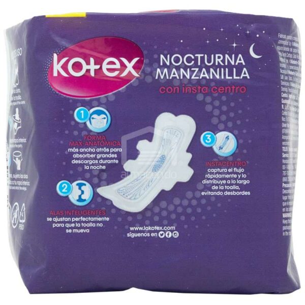 Toallas Femeninas Kotex Nocturna Overnight Con Manzanilla (8 uds)