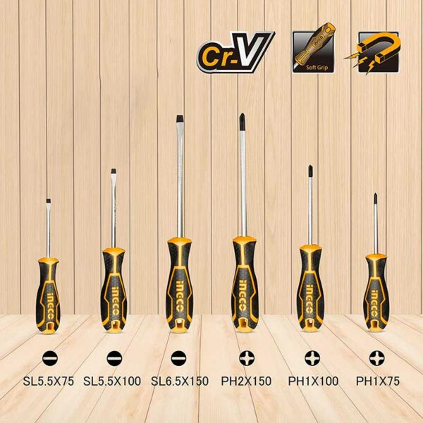 Set Destornilladores Planos y Estrias de 6 Piezas INGCO