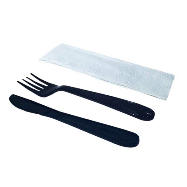 Plásticombo Negro Tenedor + Cuchillo + Servilleta (50 uds)