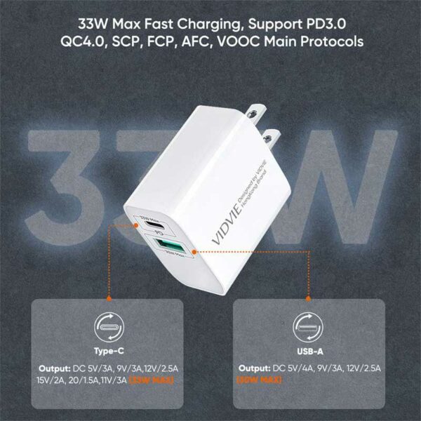 Cargador Vidvie 33 Watts PLM337C-Q Cable Lightning Incluido