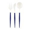 Set de Cubiertos de Plástico Reusable en Color Azul Marino y Blanco 24 uds (Servicio para 8 comensales)