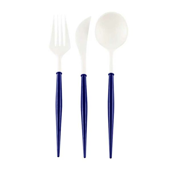 Set de Cubiertos de Plástico Reusable en Color Azul Marino y Blanco 24 uds (Servicio para 8 comensales)
