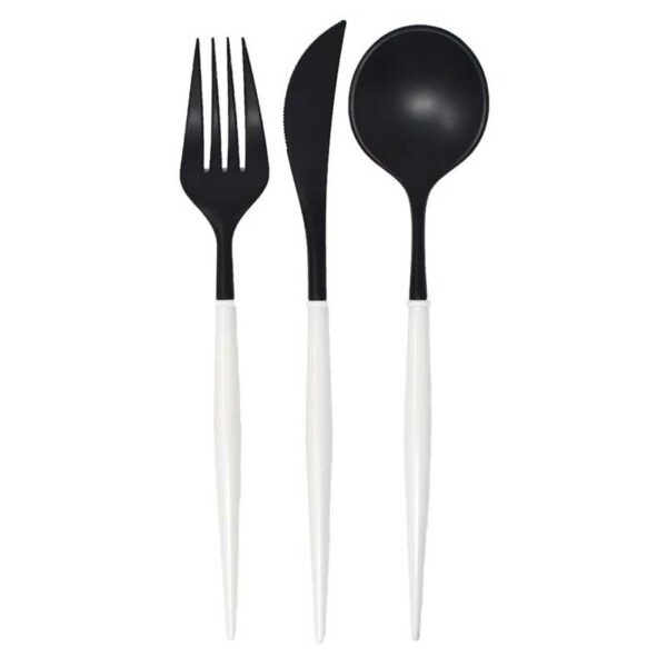 Set de Cubiertos de Plástico Reusable en Color Blanco y Negro 24 uds (Servicio para 8 comensales)