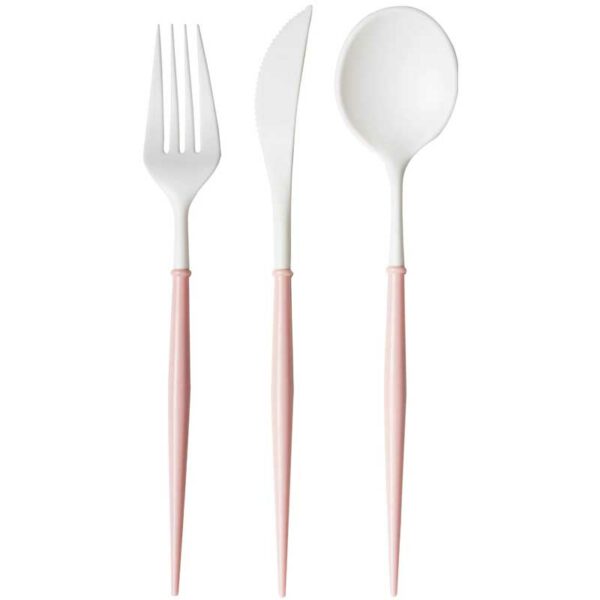 Set de Cubiertos de Plástico Reusable en Color Blanco y Rosa Pálido 36 uds (Servicio para 12 comensales)