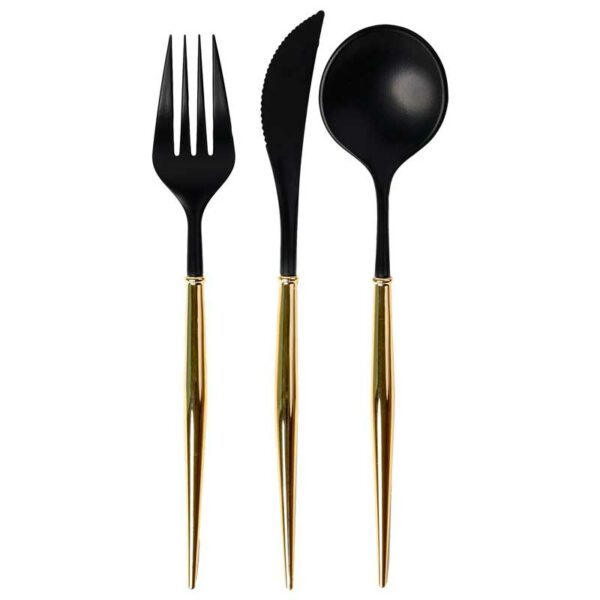 Set de Cubiertos de Plástico Reusable en Color Negro y Dorado 24 uds (Servicio para 8 comensales)