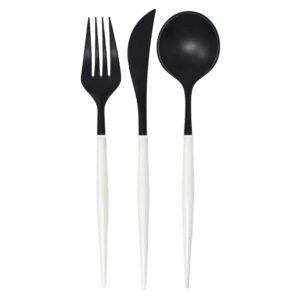 Set-de-Cubiertos-de-Plástico-Reusable-en-Color-Blanco-y-Negro-24-uds-Front Set de Cubiertos de Plástico Reusable en Color Blanco y Negro 24 uds (Servicio para 8 comensales)