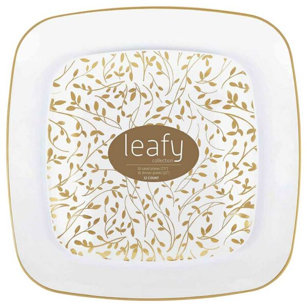 Set-de-Platos-Cuadrados-Reusables-Diseño-Hojas-Color-OroBlanco-7.5'-&-10'-(32-uds)-Front Set de Platos Cuadrados Reusables Diseño Hojas Color Oro/Blanco 7.5" & 10" (32 uds)