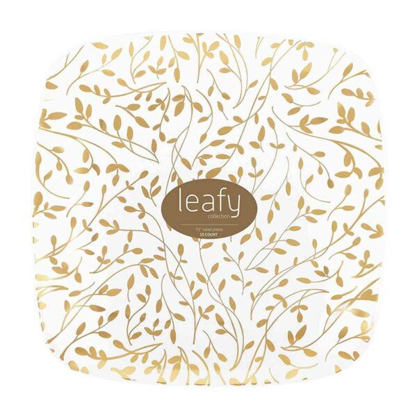 Set-de-Platos-Cuadrados-Reusables-Diseño-Hojas-Color-OroBlanco-7.5'-&-10'-(32-uds)-Front-Gold Platos Plásticos Reusables Diseño Hojas Color Oro 7.5"