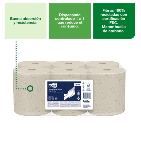 Papel Toalla Tork Natural Flujo Central - 120 m, 6 uds