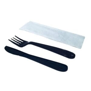 Plásticombo Negro Tenedor + Cuchillo + Servilleta (50 uds)