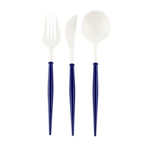 Set de Cubiertos de Plástico Reusable en Color Azul Marino y Blanco 24 uds (Servicio para 8 comensales)