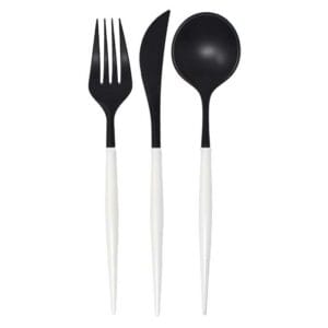 Set de Cubiertos de Plástico Reusable en Color Blanco y Negro 24 uds (Servicio para 8 comensales)